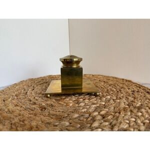Antique Art Deco brass inkwell with glass insert, 4.5", HEAVY